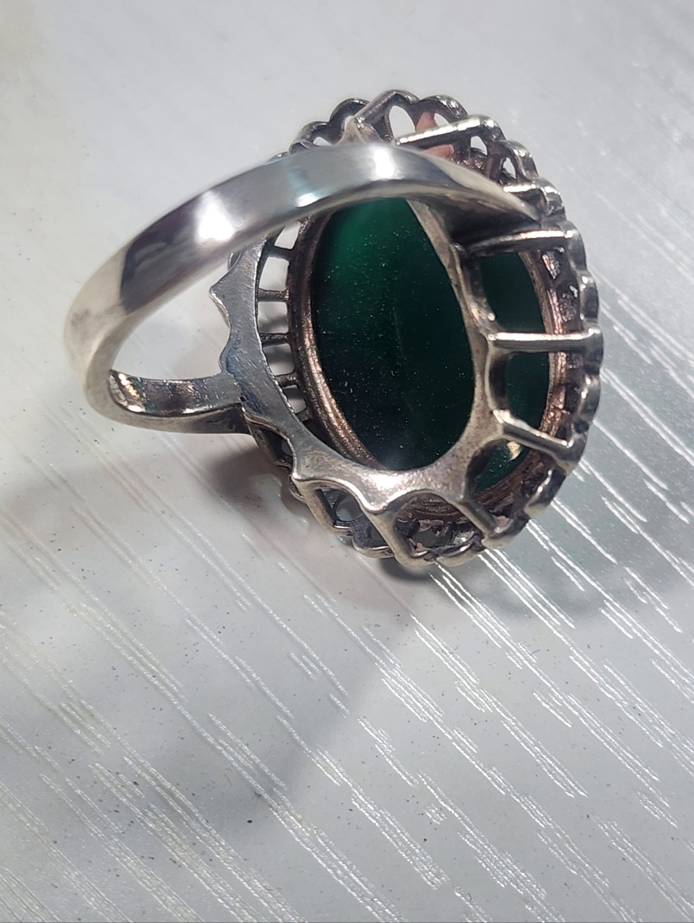 “Vintage Sterling Silver Large Oval Green Onyx Cabochon Statement Ring Boho”. 7 - Picture 5 of 6